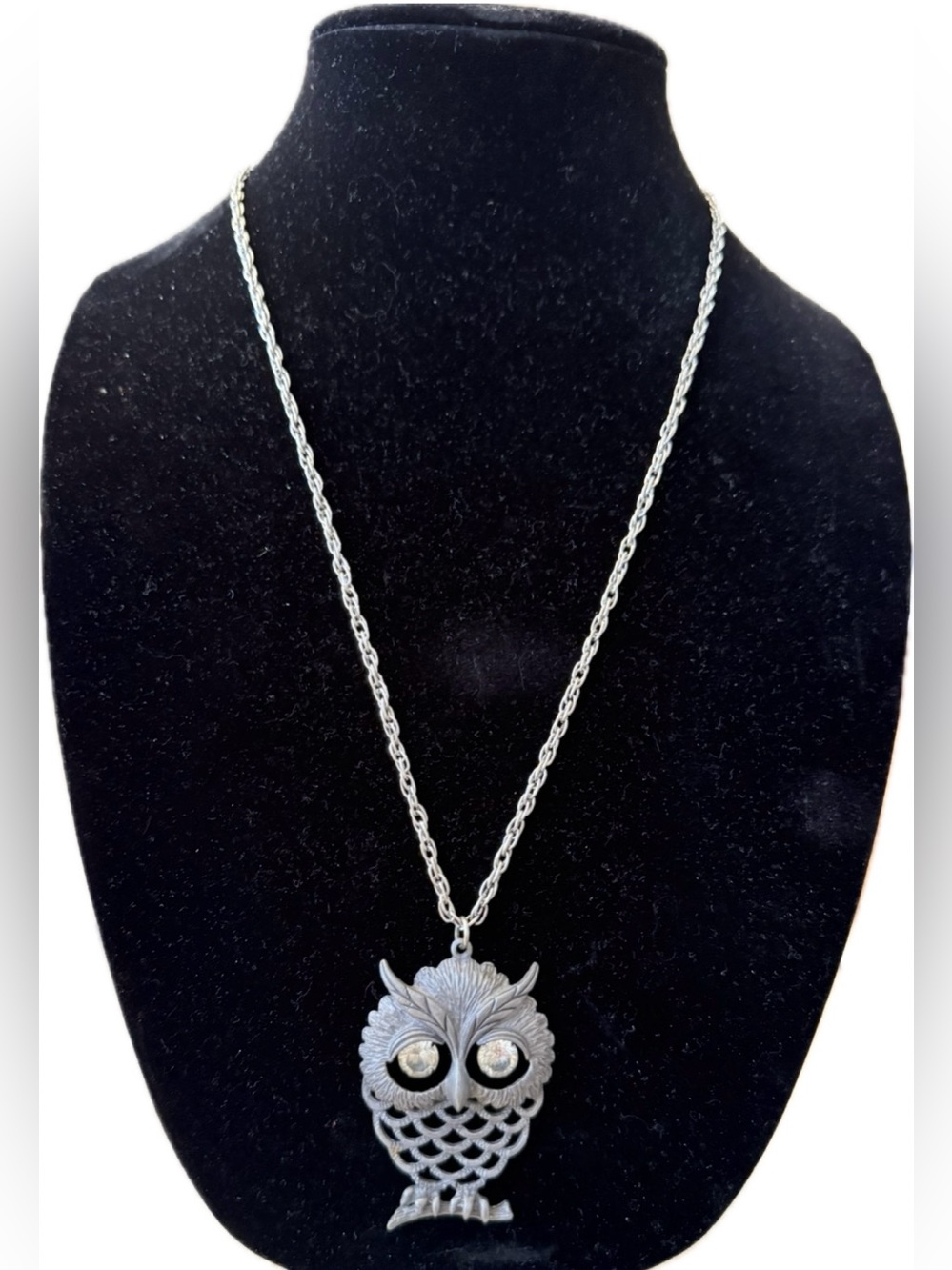 Silver Owl Pendant Necklace with Rhinestone Eyes & Long Chain